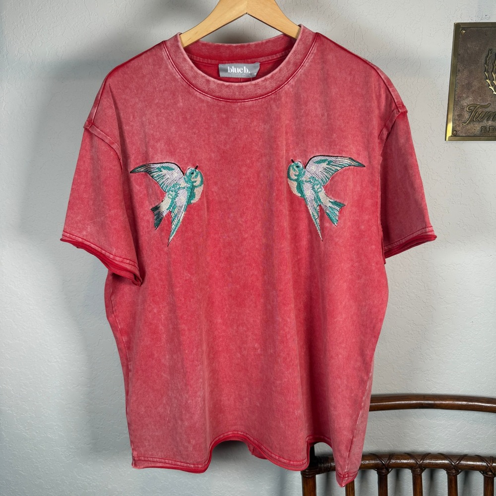 Blue B Collection Red Mineral Wash Embroidered Bird T-Shirt Oversized Medium - Picture 4 of 9